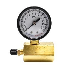 Interstate Pneumatics G2012-015GT Pressure Gauge 2 Inch 15 PSI - 1/4 Inch NPT Bottom Mount 3/4 Inch FNPT Test with Tire Valve Fitting