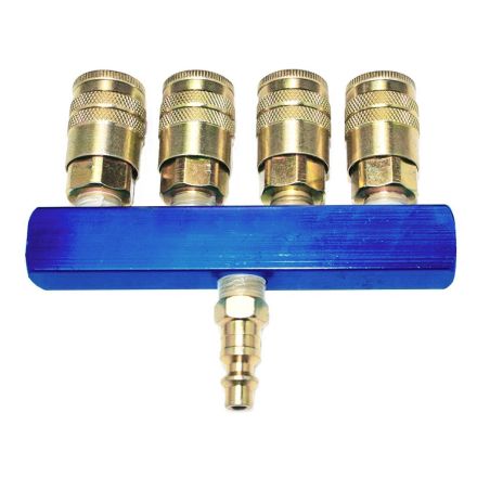 Interstate Pneumatics FPM44S-KH4 Aluminum Rectangular Manifold with Four 1/4 Inch Steel Industrial Couplers & One 1/4 Inch Steel Plug Kit