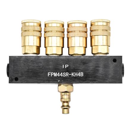 Interstate Pneumatics FPM44SR-KH4B Aluminum Rectangular Manifold with Four 1/4 Inch Brass Industrial Couplers & One 1/4 Inch Steel Industrial Plug Kit