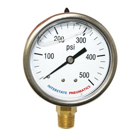 Interstate Pneumatics G7022-500 Oil Filled Pressure Gauge 500 PSI 2-1/2 Inch Dial 1/4 Inch NPT Bottom Mount