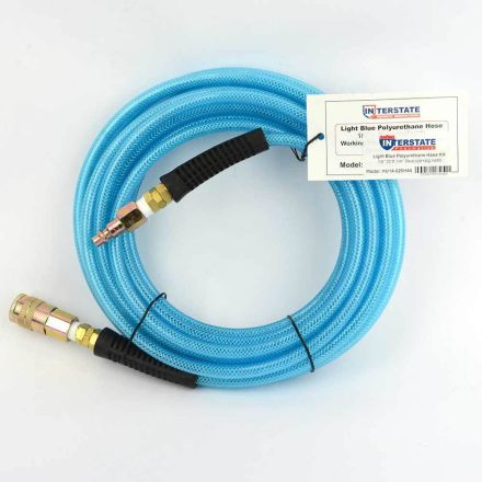 Interstate Pneumatics HU14-025H44 Light Blue Polyurethane (PU) Hose 1/4 Inch x 25 feet 200 PSI with Two 1/4 Inch Fittings, One 1/4 Inch Industrial Steel Coupler and One 1/4 Inch Industrial Steel Coupler Plug