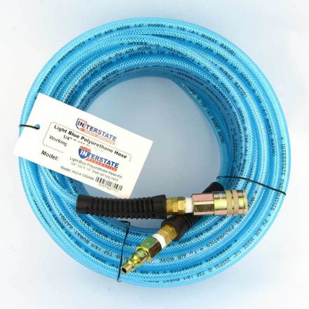 Interstate Pneumatics HU14-100H44 Light Blue Polyurethane (PU) Hose 1/4 Inch x 100 feet 200 PSI with Two 1/4 Inch Fittings, One 1/4 Inch Industrial Steel Coupler and One 1/4 Inch Industrial Steel Coupler Plug